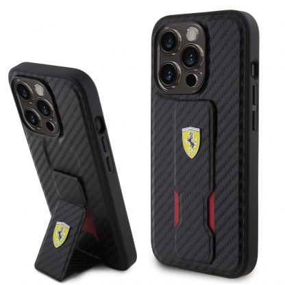Ferrari Carbon Grip Stand Case - дизайнерски кожен кейс с поставка за iPhone 15 Pro Max (черен) 2