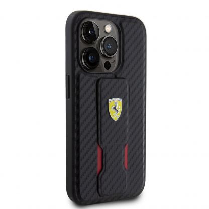Ferrari Carbon Grip Stand Case - дизайнерски кожен кейс с поставка за iPhone 15 Pro Max (черен) 4