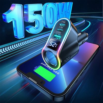 Joyroom 4-in-1 Fast Car Charger and Extended Cigarette Lighter Port 150W - зарядно за кола с 2xUSB-C и USB-A изходи и извод за запалка (черен) 4