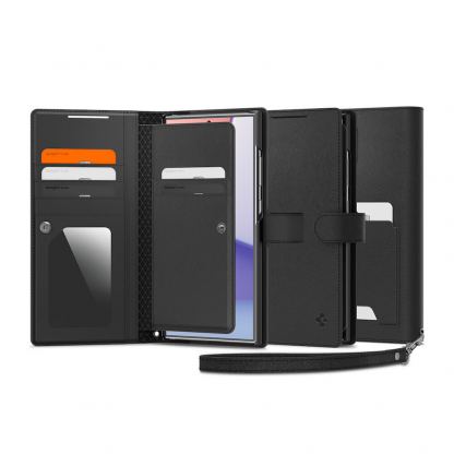 Spigen Wallet S Plus Case - кожен калъф, тип портфейл и поставка за Samsung Galaxy S24 Ultra (черен)