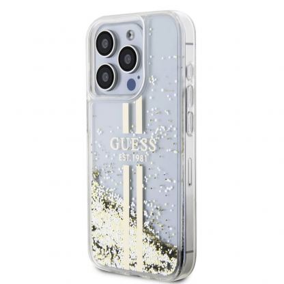 Guess Liquid Glitter Gold Stripe Case - дизайнерски кейс с висока защита за iPhone 15 Pro Max (прозрачен) 2