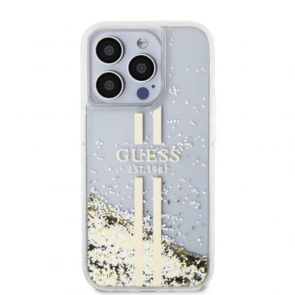 Guess Liquid Glitter Gold Stripe Case - дизайнерски кейс с висока защита за iPhone 15 Pro Max (прозрачен) 3