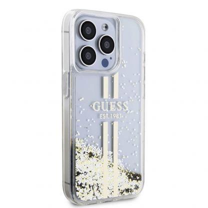 Guess Liquid Glitter Gold Stripe Case - дизайнерски кейс с висока защита за iPhone 15 Pro Max (прозрачен) 4