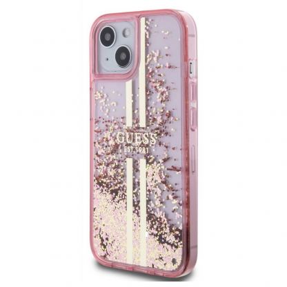 Guess Liquid Glitter Gold Stripe Case - дизайнерски кейс с висока защита за iPhone 15 Pro Max (розов) 2