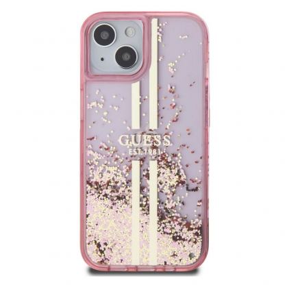Guess Liquid Glitter Gold Stripe Case - дизайнерски кейс с висока защита за iPhone 15 Pro Max (розов) 3