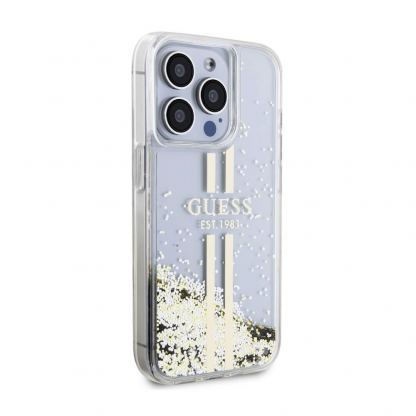 Guess Liquid Glitter Gold Stripe Case - дизайнерски кейс с висока защита за iPhone 15 Pro (прозрачен) 5