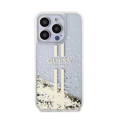 Guess Liquid Glitter Gold Stripe Case - дизайнерски кейс с висока защита за iPhone 15 Pro (прозрачен) 6