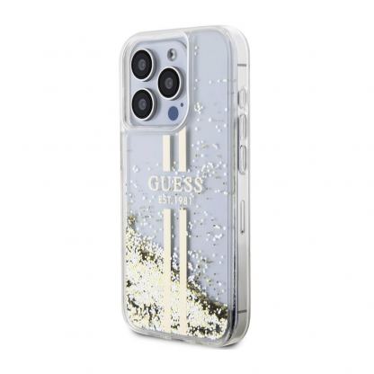 Guess Liquid Glitter Gold Stripe Case - дизайнерски кейс с висока защита за iPhone 15 Pro (прозрачен) 7