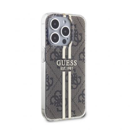 Guess IML 4G Gold Stripe Case - дизайнерски силиконов кейс за iPhone 15 Pro (кафяв) 4