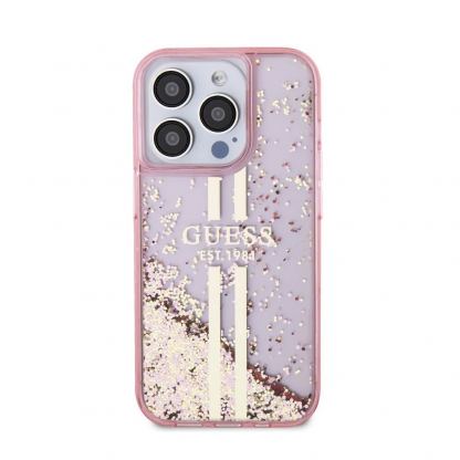 Guess Liquid Glitter Gold Stripe Case - дизайнерски кейс с висока защита за iPhone 15 Pro (розов) 3