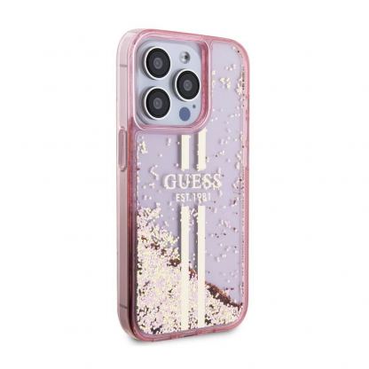 Guess Liquid Glitter Gold Stripe Case - дизайнерски кейс с висока защита за iPhone 15 Pro (розов) 4