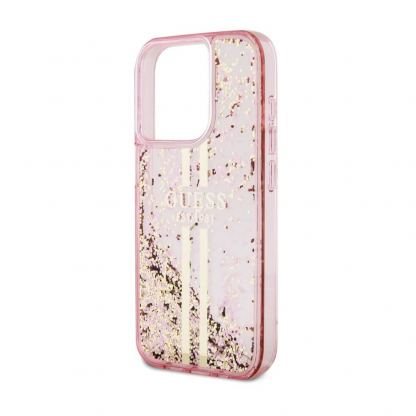 Guess Liquid Glitter Gold Stripe Case - дизайнерски кейс с висока защита за iPhone 15 Pro (розов) 5