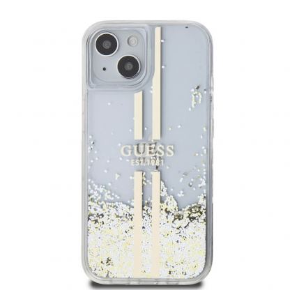 Guess Liquid Glitter Gold Stripe Case - дизайнерски кейс с висока защита за iPhone 15 Plus (прозрачен) 3
