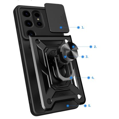 Armor Camshield Hybrid Case With Stand - хибриден удароустойчив кейс с пръстен против изпускане за Samsung Galaxy S24 Ultra (черен) 8