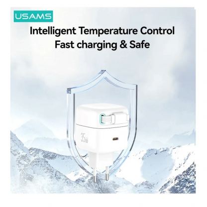 Usams GaN Wall Charger With Magnetic Retractable Lightning Cable 35W - захранване за ел. мрежа с 1xUSB-C изход и вграден Lightning кабел (бял) 3