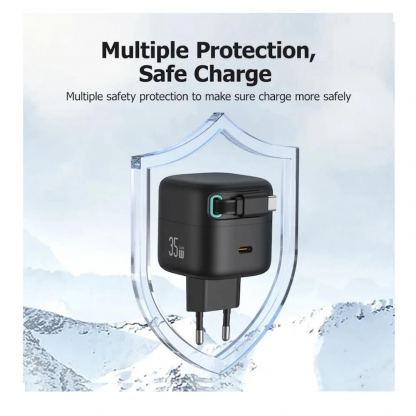 Usams GaN Wall Charger With Magnetic Retractable USB-C Cable 35W - захранване за ел. мрежа с USB-C порт и вграден USB-C кабел (черен) 6