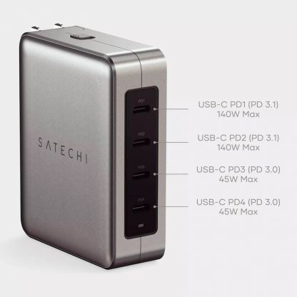 Satechi 145W USB-C PD GaN Travel Charger - захранване за ел. мрежа с технология за бързо зареждане и 4xUSB-C PD изхода (сив) 5