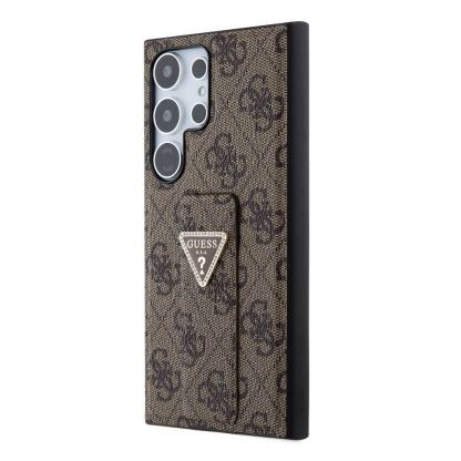 Guess PU 4G Strass Grip Stand Triangle Metal Logo Case - дизайнерски кожен кейс с отделение за карти за Samsung Galaxy S24 Ultra (кафяв) 2