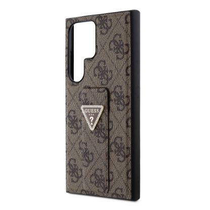 Guess PU 4G Strass Grip Stand Triangle Metal Logo Case - дизайнерски кожен кейс с отделение за карти за Samsung Galaxy S24 Ultra (кафяв) 5