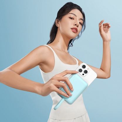 Baseus Magnetic Mini Wireless Charging Power Bank 10000 mAh 20W (P10022109333-00) - преносима външна батерия с вграден Ligtning кабел и безжично зареждане с MagSafe (светлосин)  10