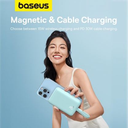 Baseus Magnetic Mini Wireless Charging Power Bank 10000 mAh 20W (P10022109333-00) - преносима външна батерия с вграден Ligtning кабел и безжично зареждане с MagSafe (светлосин)  11