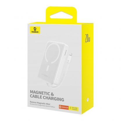 Baseus Magnetic Mini Wireless Charging Power Bank 10000 mAh 20W (P10022109223-00) - преносима външна батерия с вграден Ligtning кабел и безжично зареждане с MagSafe (бял)  5