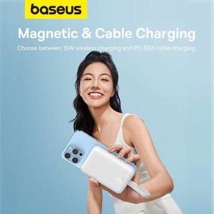 Baseus Magnetic Mini Wireless Charging Power Bank 10000 mAh 20W (P10022109223-00) - преносима външна батерия с вграден Ligtning кабел и безжично зареждане с MagSafe (бял)  11