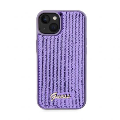Guess Sequin Script Logo Case - дизайнерски силиконов кейс за iPhone 13 (лилав) 3