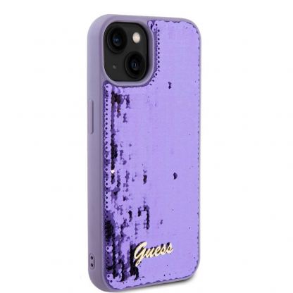 Guess Sequin Script Logo Case - дизайнерски силиконов кейс за iPhone 13 (лилав) 4