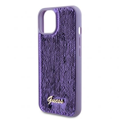 Guess Sequin Script Logo Case - дизайнерски силиконов кейс за iPhone 13 (лилав) 5