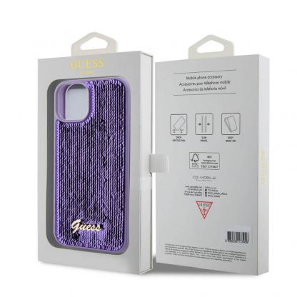 Guess Sequin Script Logo Case - дизайнерски силиконов кейс за iPhone 13 (лилав) 7