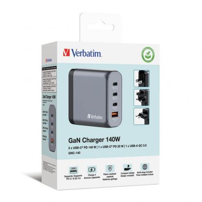 Verbatim GaN Fast Wall Charger 140W - захранване за ел. мрежа за мобилни устройства с 1xUSB-A и 3xUSB-C изходи с технология за бързо зареждане и преходници за цял свят (тъмносив) 3