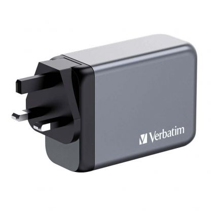 Verbatim GaN Fast Wall Charger 140W - захранване за ел. мрежа за мобилни устройства с 1xUSB-A и 3xUSB-C изходи с технология за бързо зареждане и преходници за цял свят (тъмносив) 4