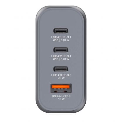 Verbatim GaN Fast Wall Charger 140W - захранване за ел. мрежа за мобилни устройства с 1xUSB-A и 3xUSB-C изходи с технология за бързо зареждане и преходници за цял свят (тъмносив) 7