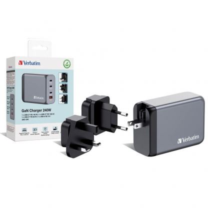 Verbatim GaN Fast Wall Charger 240W - захранване за ел. мрежа за мобилни устройства с 1xUSB-A и 3xUSB-C изходи с технология за бързо зареждане и преходници за цял свят (тъмносив) 2