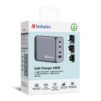 Verbatim GaN Fast Wall Charger 240W - захранване за ел. мрежа за мобилни устройства с 1xUSB-A и 3xUSB-C изходи с технология за бързо зареждане и преходници за цял свят (тъмносив) 3