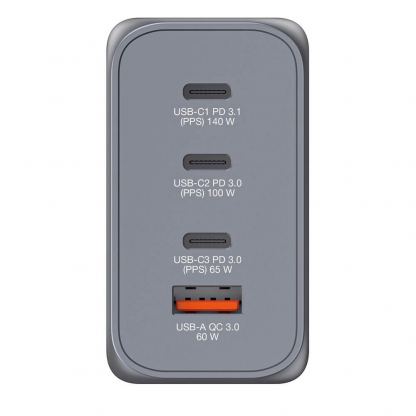Verbatim GaN Fast Wall Charger 240W - захранване за ел. мрежа за мобилни устройства с 1xUSB-A и 3xUSB-C изходи с технология за бързо зареждане и преходници за цял свят (тъмносив) 7