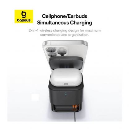 Baseus 2in1 MagPro Magnetic Charger with MagSafe 20W (BS-W531) - двойна поставка (пад) за безжично зареждане за iPhone с MagSafe и AirPods с вграден USB-C кабел  (черен) 13