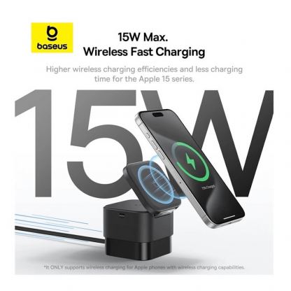 Baseus 2in1 MagPro Magnetic Charger with MagSafe 20W (BS-W531) - двойна поставка (пад) за безжично зареждане за iPhone с MagSafe и AirPods с вграден USB-C кабел  (черен) 14