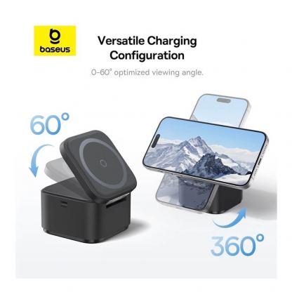 Baseus 2in1 MagPro Magnetic Charger with MagSafe 20W (BS-W531) - двойна поставка (пад) за безжично зареждане за iPhone с MagSafe и AirPods с вграден USB-C кабел  (черен) 17
