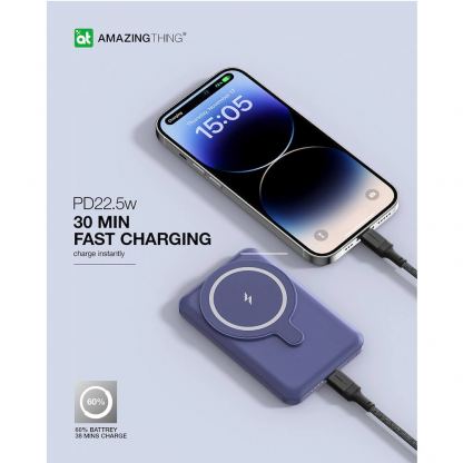 AmazingThing Thunder Pro Stand Magnetic Wireless Power Bank 5000 mAh 22.5W - преносима външна батерия с USB-C порт и безжично зареждане с MagSafe (син) 5