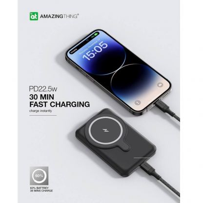 AmazingThing Thunder Pro Stand Magnetic Wireless Power Bank 5000 mAh 22.5W - преносима външна батерия с USB-C порт и безжично зареждане с MagSafe (черен) 15