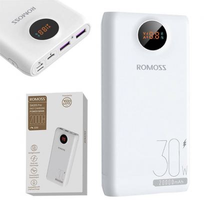 Romoss SW20S Pro Digital Display Power Bank 30W 20000 mAh - външна батерия с два USB-A и един USB-C изходи и технология за бързо зареждане (бял) 2