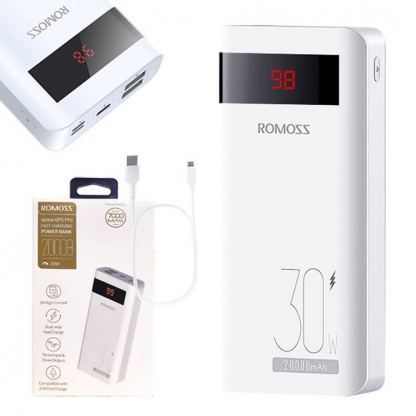 Romoss Sense6PS Pro Power Bank 30W 20000 mAh - външна батерия с два USB-A и един USB-C изходи и технология за бързо зареждане (бял) 3