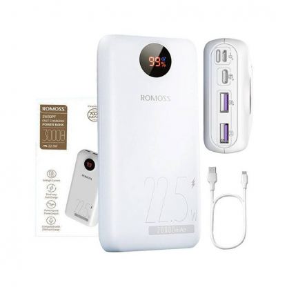 Romoss PSW30PF Digital Display Power Bank 22.5W 30000 mAh - външна батерия с два USB-A и един USB-C изходи и технология за бързо зареждане (бял) 3