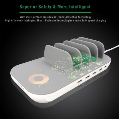 4smarts Charging Station Family Evo 63W - док станция с 4xUSB и 1xUSB-C гнезда и пад за безжично зареждане (тъмносин) 4