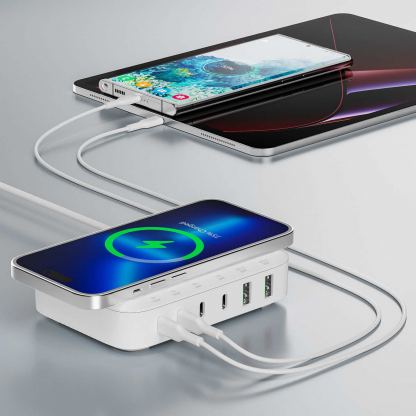4Smarts 7in1 Charging Station 100W with Wireless Charger - захранване за ел. мрежа с 4xUSB-C PD изхода, 2xUSB-A изходa и безжично зареждане (бял) 2