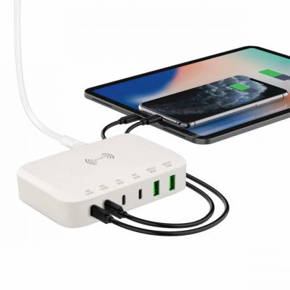 4Smarts 7in1 Charging Station 100W with Wireless Charger - захранване за ел. мрежа с 4xUSB-C PD изхода, 2xUSB-A изходa и безжично зареждане (бял) 3