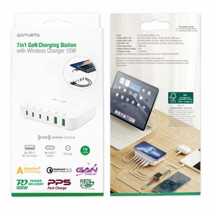 4Smarts 7in1 Charging Station 100W with Wireless Charger - захранване за ел. мрежа с 4xUSB-C PD изхода, 2xUSB-A изходa и безжично зареждане (бял) 8