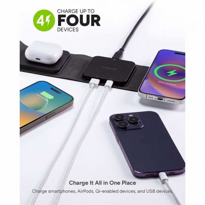 Mophie Snap Plus 3-in-1 Travel Charger - сгъваема поставка (пад) за безжично зареждане за iPhone с MagSafe, Qi съвместими устройства и USB-C и USB-A портове (черен) 2